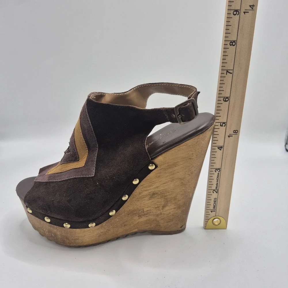 Madison Harding Brown Suede Patchwork Wooden Platform Wedge Sandals Womens 7